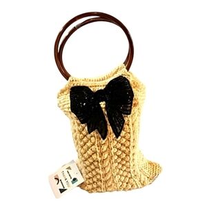 Beige Crochet Bag Black Beaded Bow Hand Crafted
